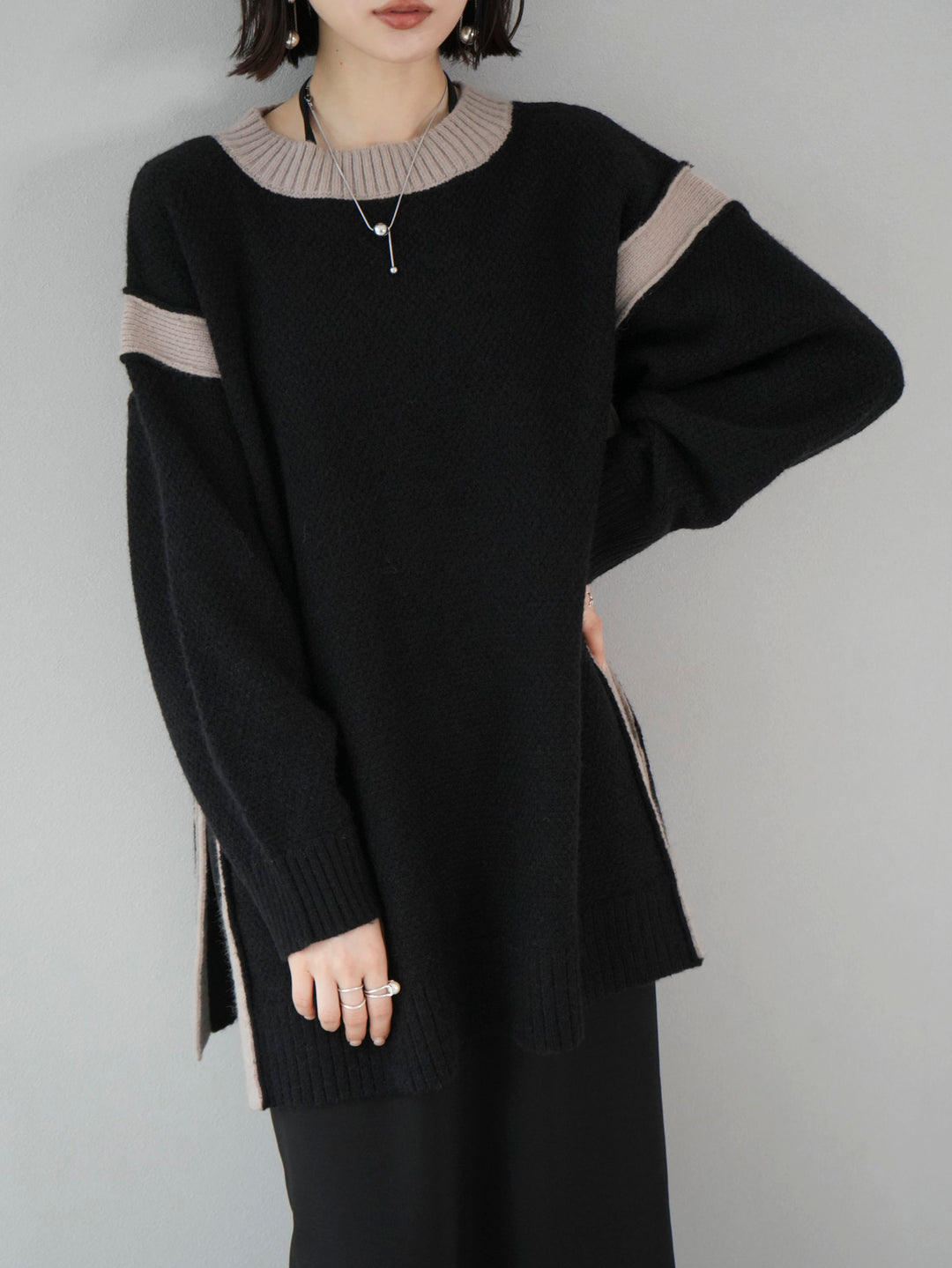 [SET] Side slit bicolor over knit + bicolor knit dress (2set)