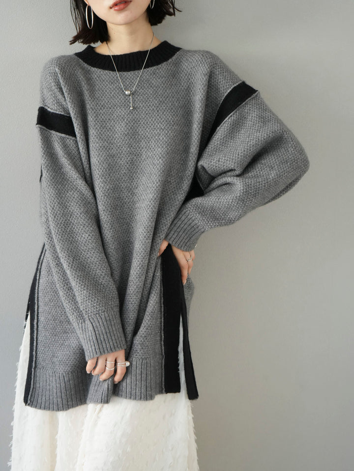 [SET] Side slit bicolor over knit + bicolor knit dress (2set)