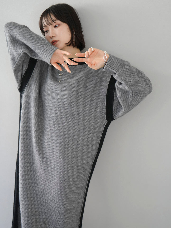 [SET] Side slit bicolor over knit + bicolor knit dress (2set)