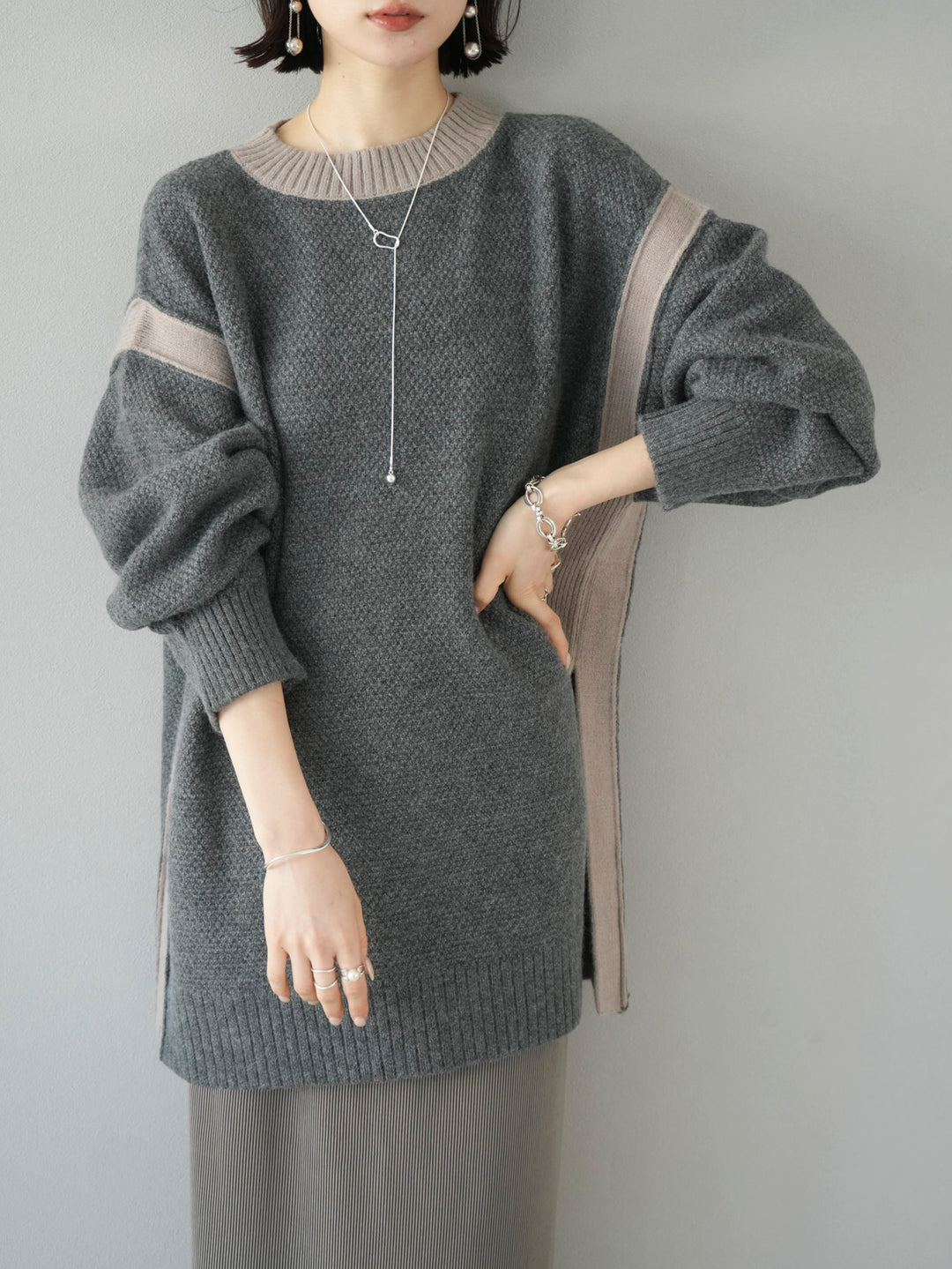 [SET] Side slit bicolor over knit + bicolor knit dress (2set)