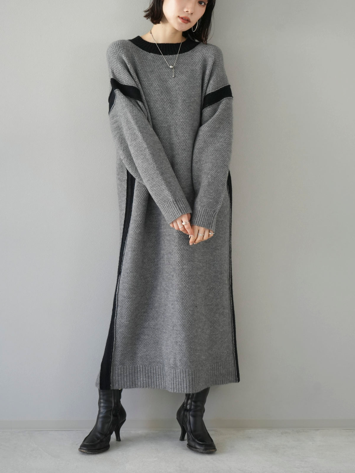 SET] Side slit bicolor over knit + bicolor knit dress (2set) – Lumier