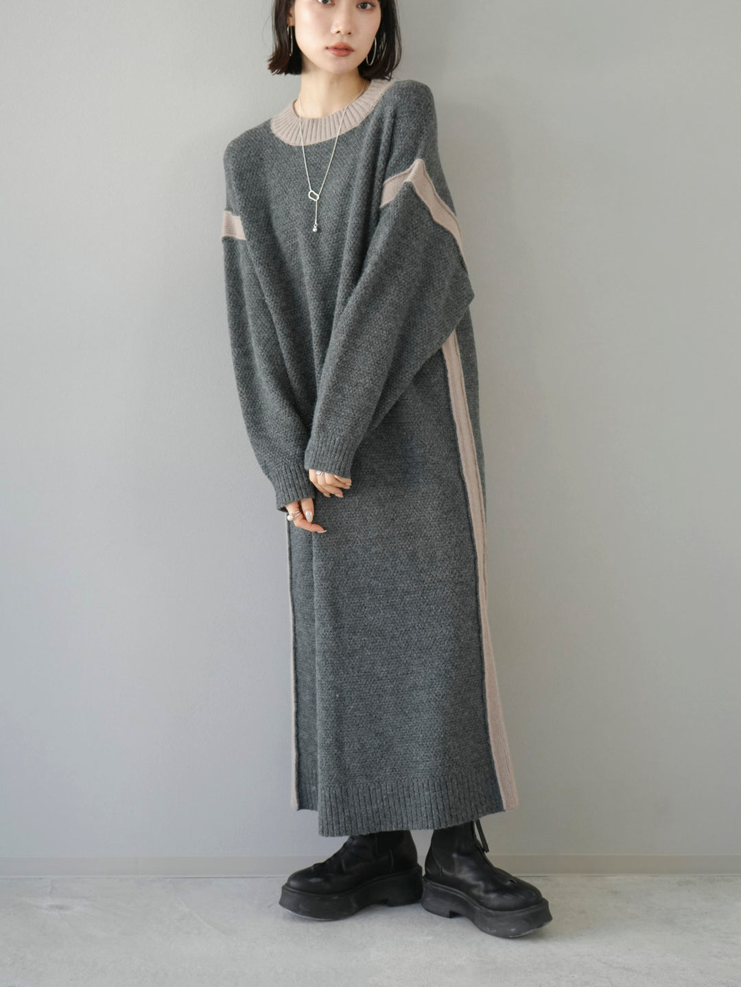 [SET] Side slit bicolor over knit + bicolor knit dress (2set)