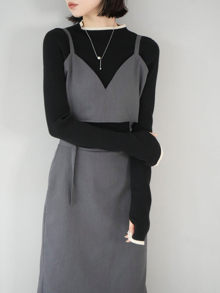 [SET] Bustier camisole dress + finger hole color combination high neck ribbed knit top (2set)