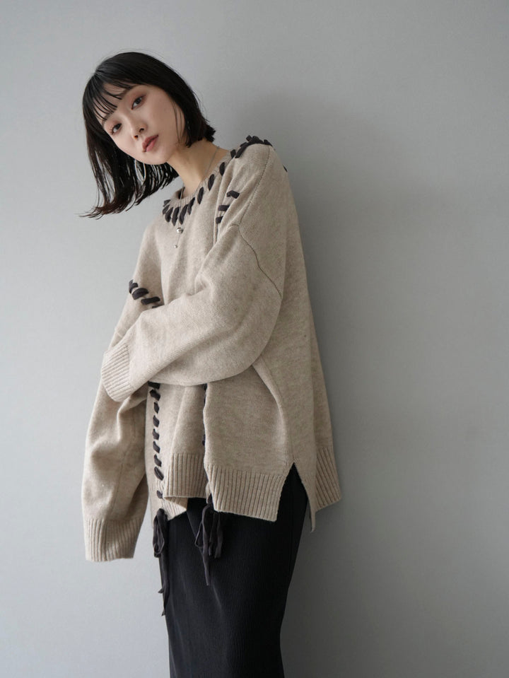 [Mix and match set] [SET] Hand stitch color combination over knit pullover + fringe design knit pullover + I-line pleated skirt (3 sets)