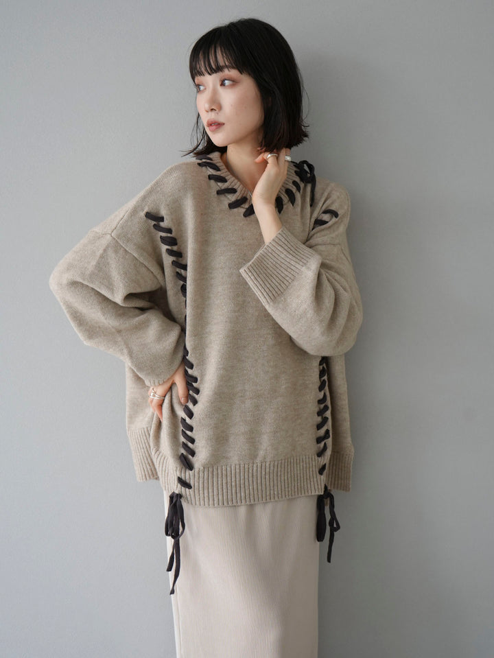 [Mix and match set] [SET] Hand stitch color combination over knit pullover + fringe design knit pullover + I-line pleated skirt (3 sets)