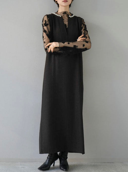 [Pre-order] Herringbone pearl design key neck dress/brown