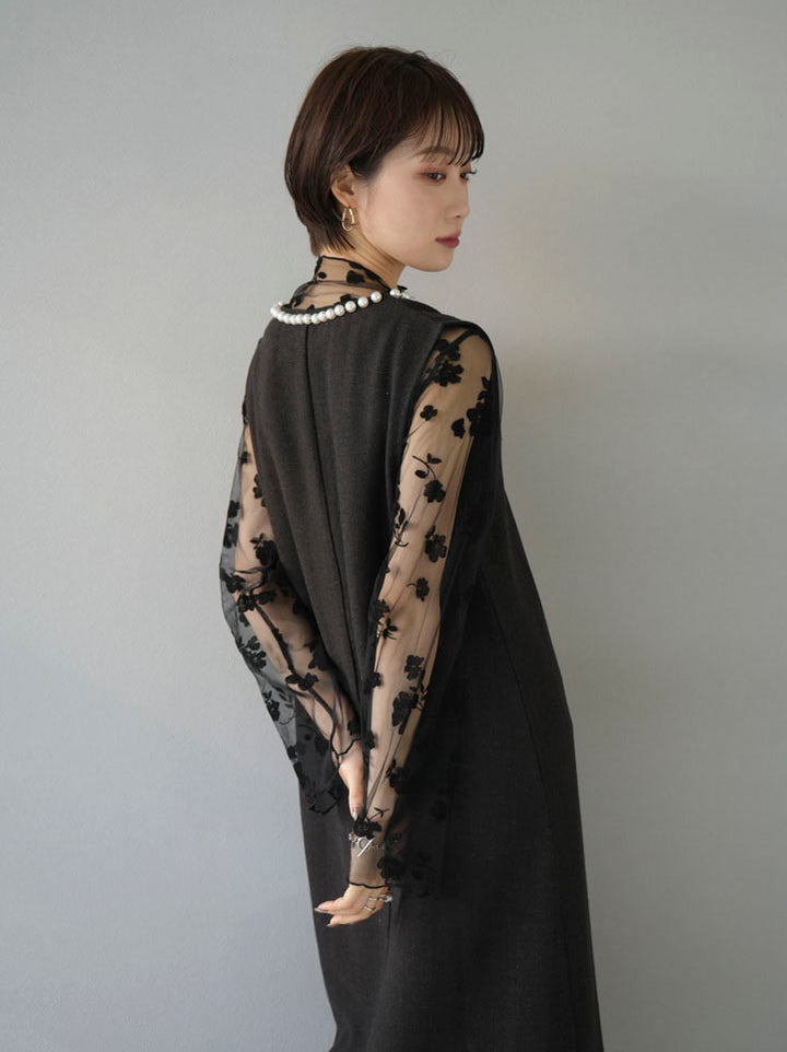 [Pre-order] Herringbone pearl design key neck dress/brown