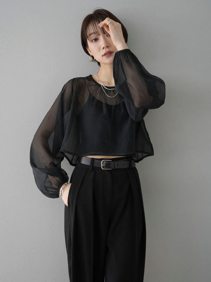 [Pre-order] Organdy Piping Cropped Blouse/Black x Black