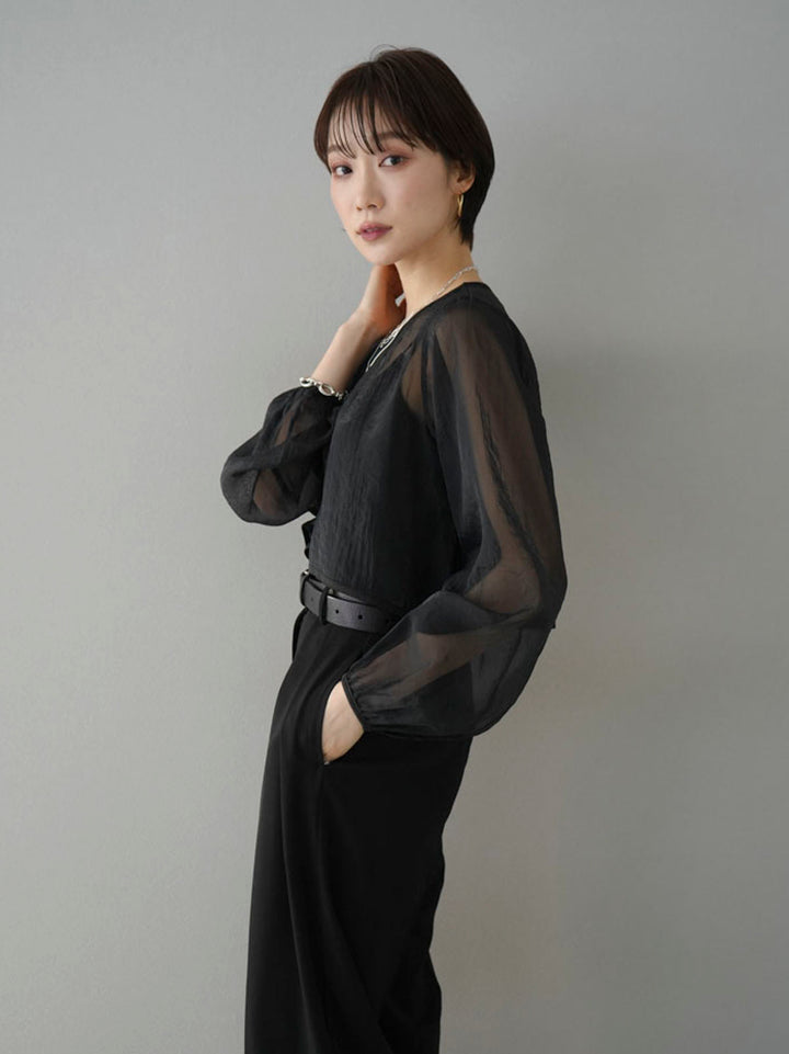 [Pre-order] Organdy Piping Cropped Blouse/Black x Black