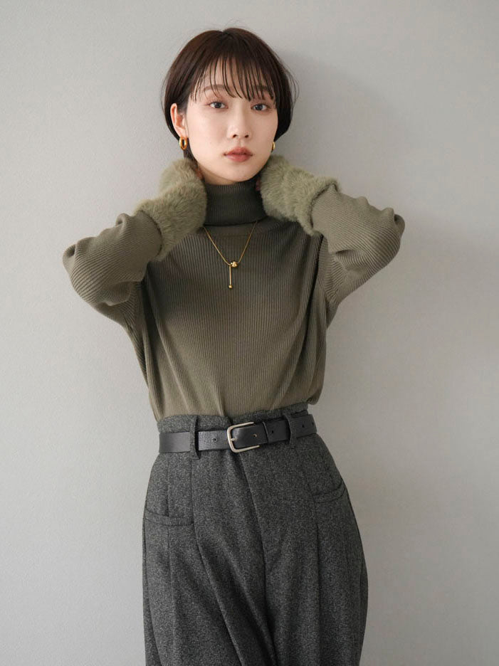 [Pre-order] Shaggy-switched turtleneck rib knit top/khaki