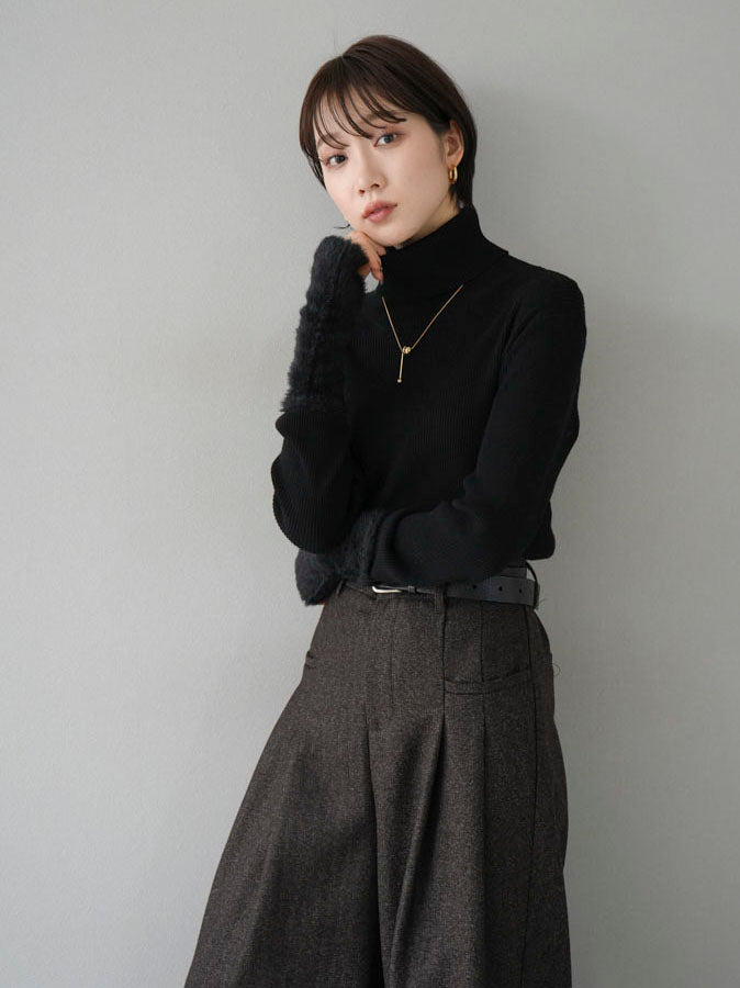 [Pre-order] Shaggy-switched turtleneck rib knit top/black