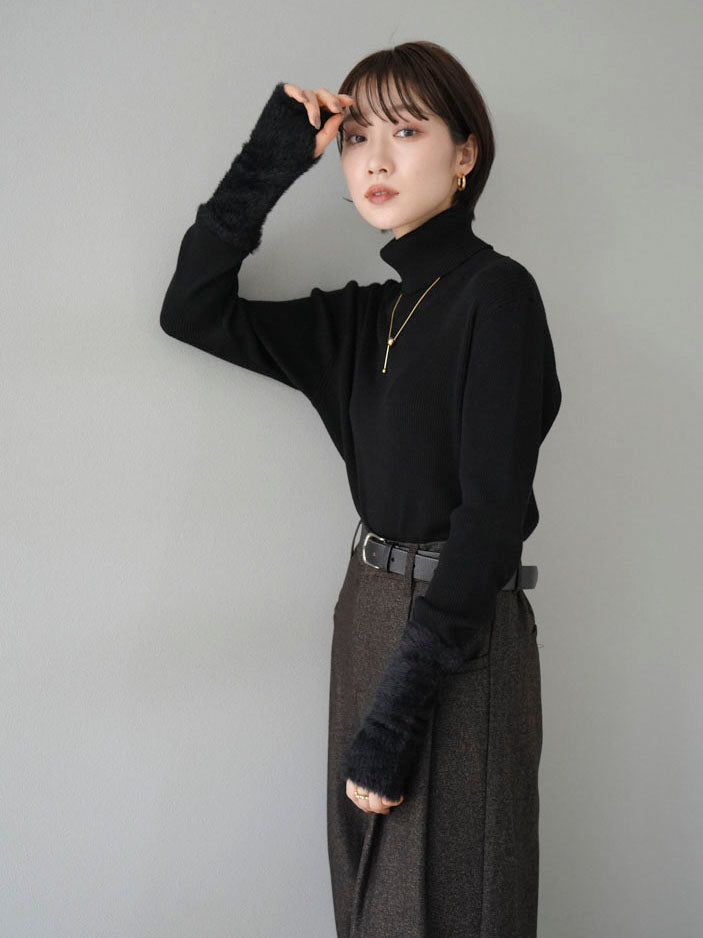 [Pre-order] Shaggy-switched turtleneck rib knit top/black