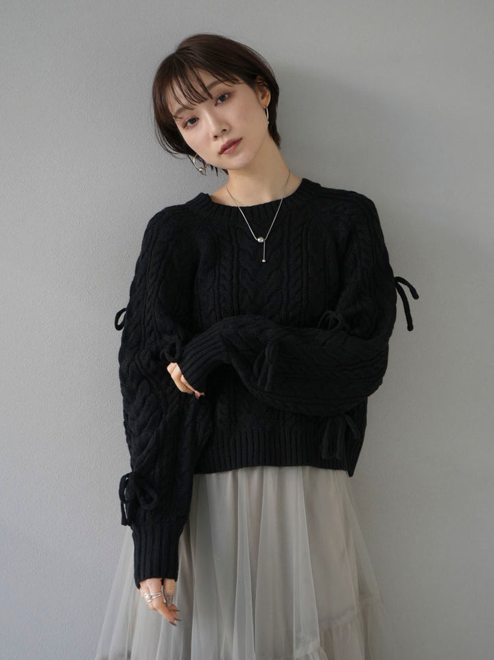 [Pre-order] Sleeve ribbon cable knit cropped knit/black