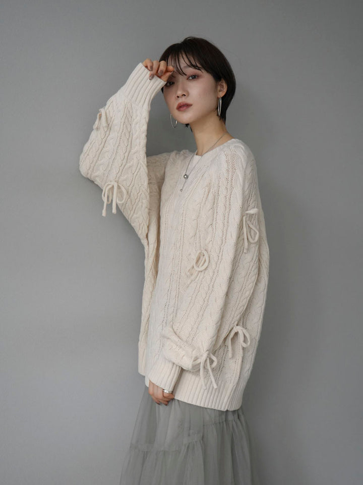 [Pre-order] Ribbon Sleeve Cable Knit Over Knit/Ivory