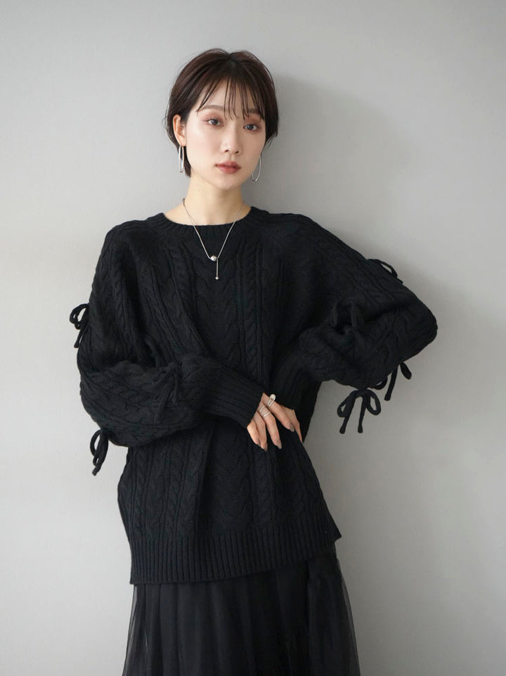 [Pre-order] Ribbon Sleeve Cable Knit Over Knit/Black
