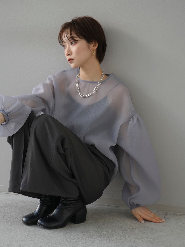 [Mix and match set] [SET] Nuanced pattern candy sleeve blouse + volume sleeve washer sheer blouse + design tuck wide pants L (3 sets)