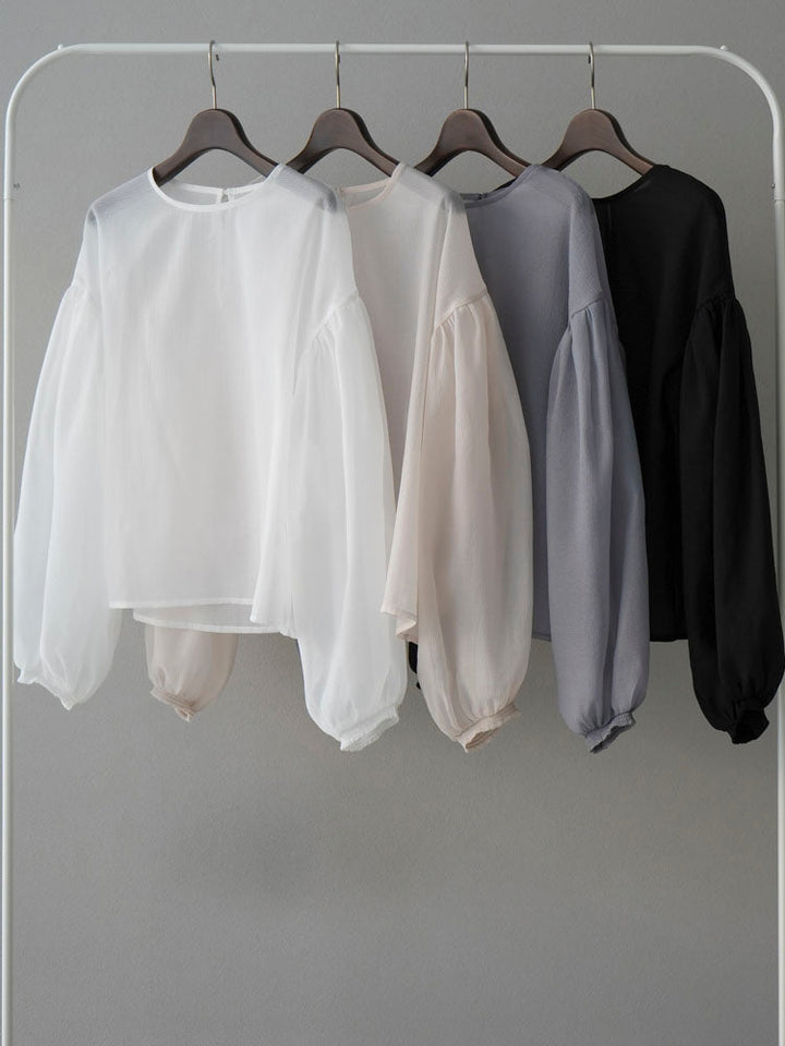 [混搭套裝] [SET] Nuance 圖案糖果袖襯衫 + 豐盈袖水洗透明襯衫 + 設計褶邊寬褲 L (3 件套)