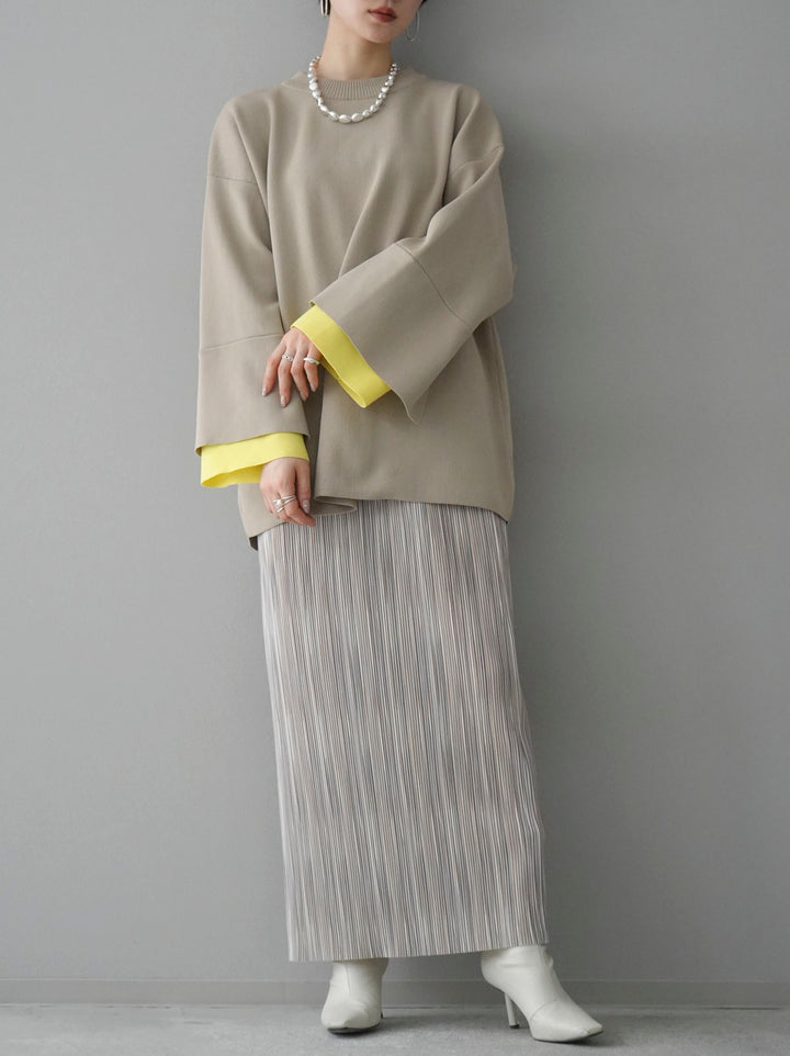[Mix and match set] [SET] Sheer layered fleece sweatshirt pullover + color-coordinated sleeve Milano rib knit pullover + multi-color I-line pleated skirt (3 sets)