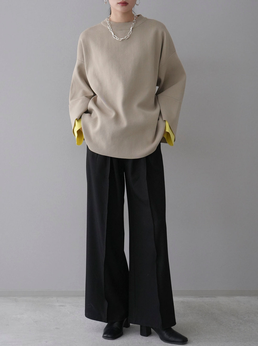 [Mix and match set] [SET] Volume sleeve washer sheer blouse + color-blocked sleeve Milan rib knit pullover + design tuck wide pants/S (3set)