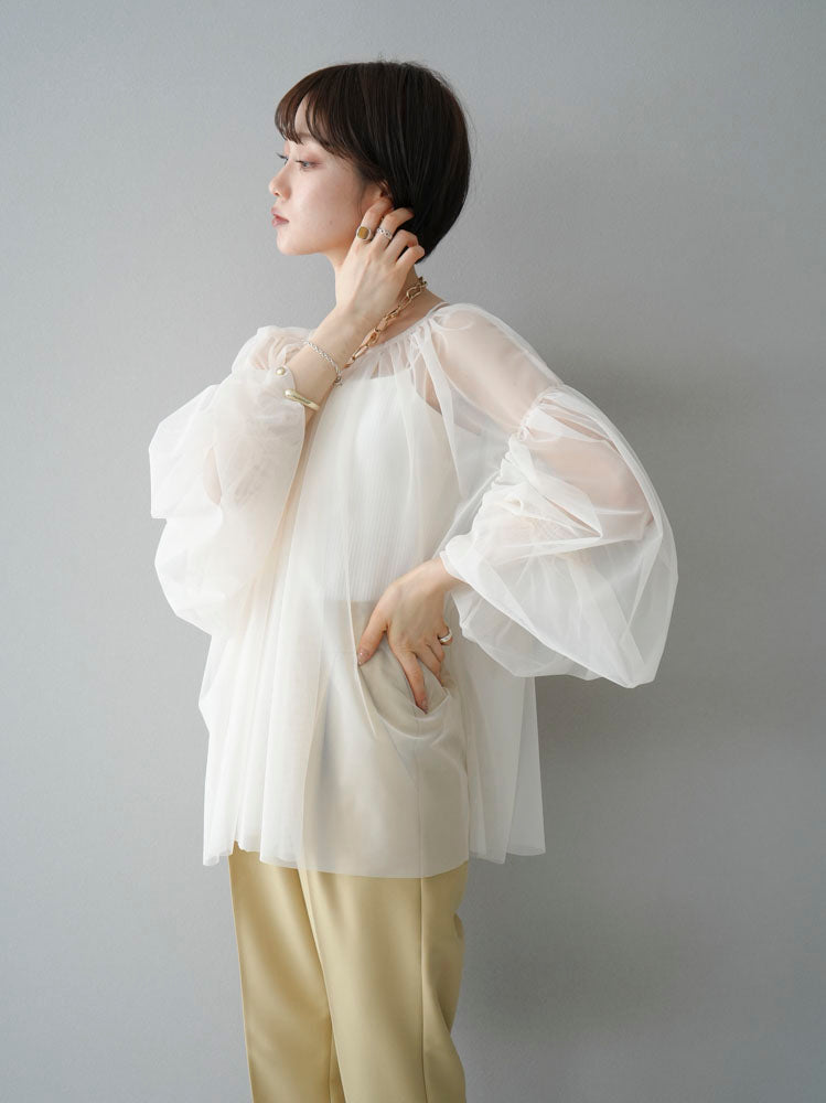 [SET] Tulle gathered blouse + easy tapered pants (2set)