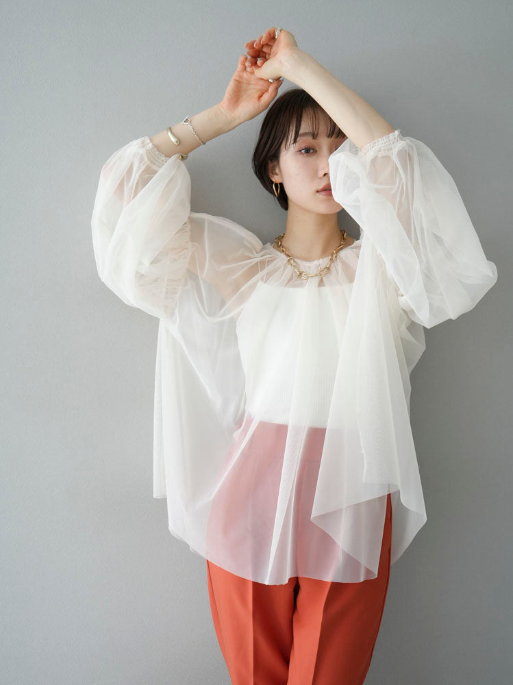 [SET] Tulle gathered blouse + easy tapered pants (2set)