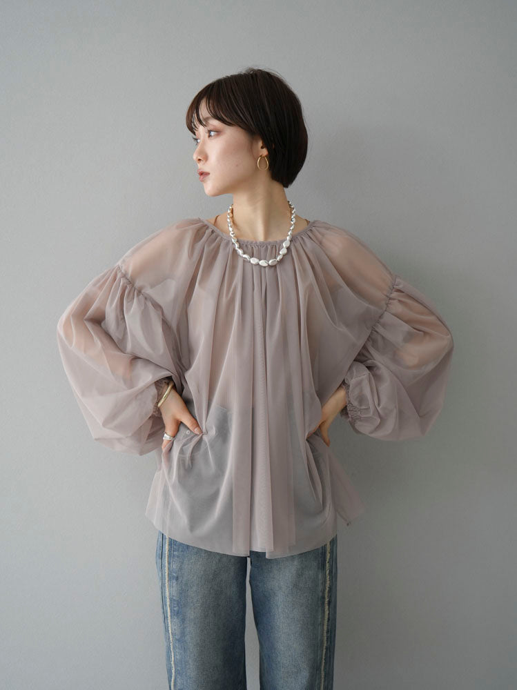 セルロースポリエステルプリント ギャザーブラウス TOMORROWLAND｜セルロースポリエステルオーガンジー サイド