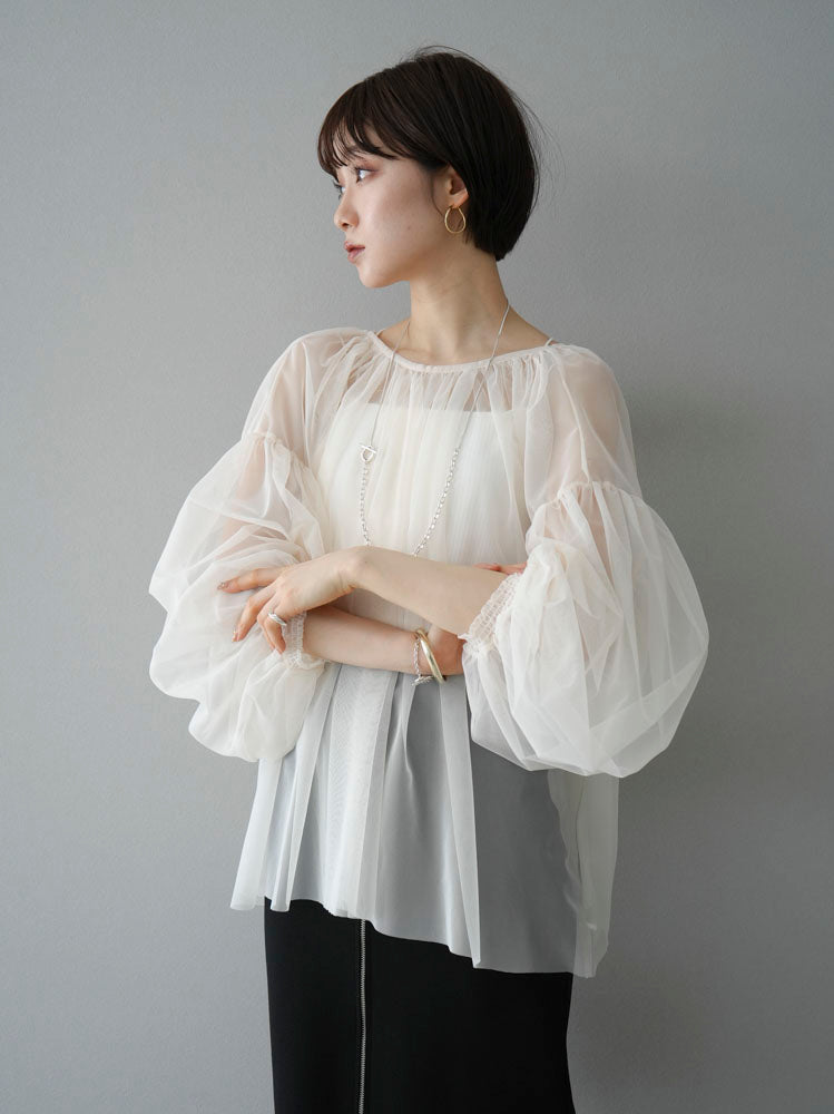 [SET] Tulle gathered blouse + front zip knit tight skirt (2set)
