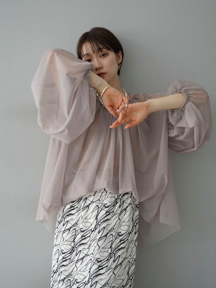 [SET] Tulle gathered blouse + pen touch I-line pleated skirt (2set)