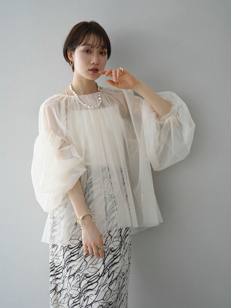 [SET] Tulle gathered blouse + pen touch I-line pleated skirt (2set)