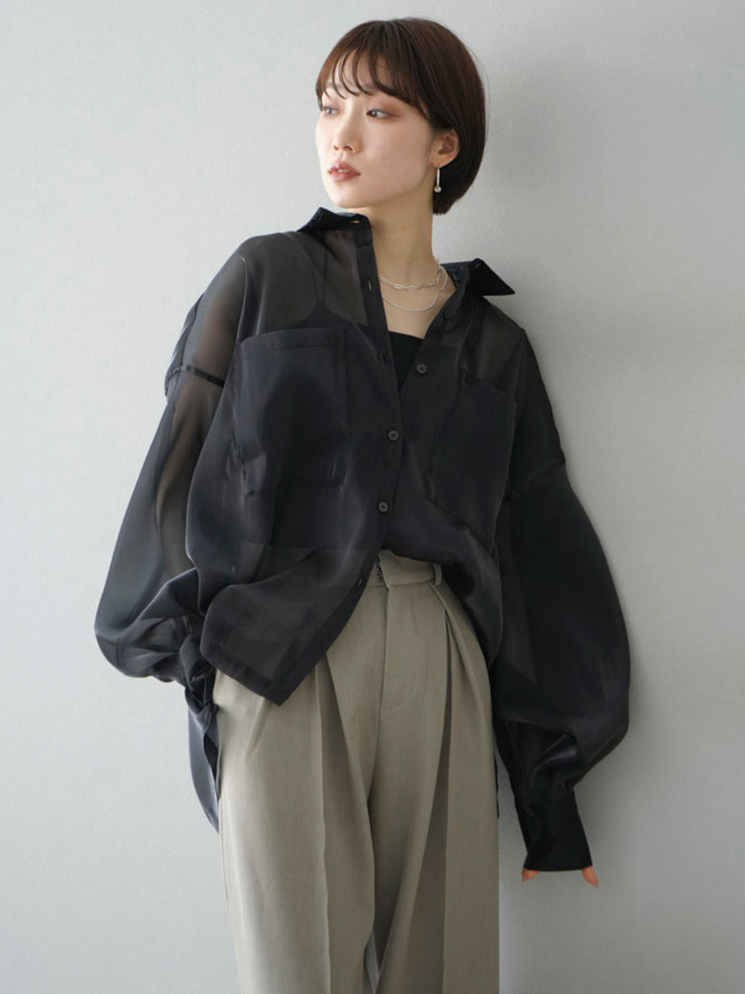 [予約]オーガンジーポケットデザインシャツ/ブラック