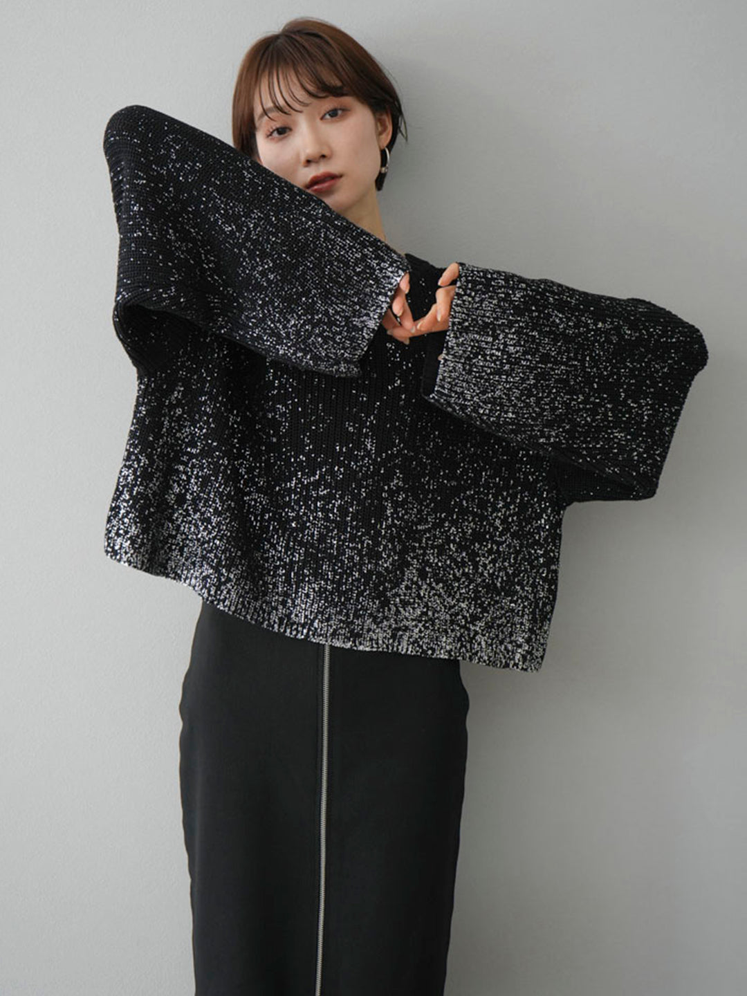 [Pre-order] Foil Print Linen Touch Knit Pullover/Black