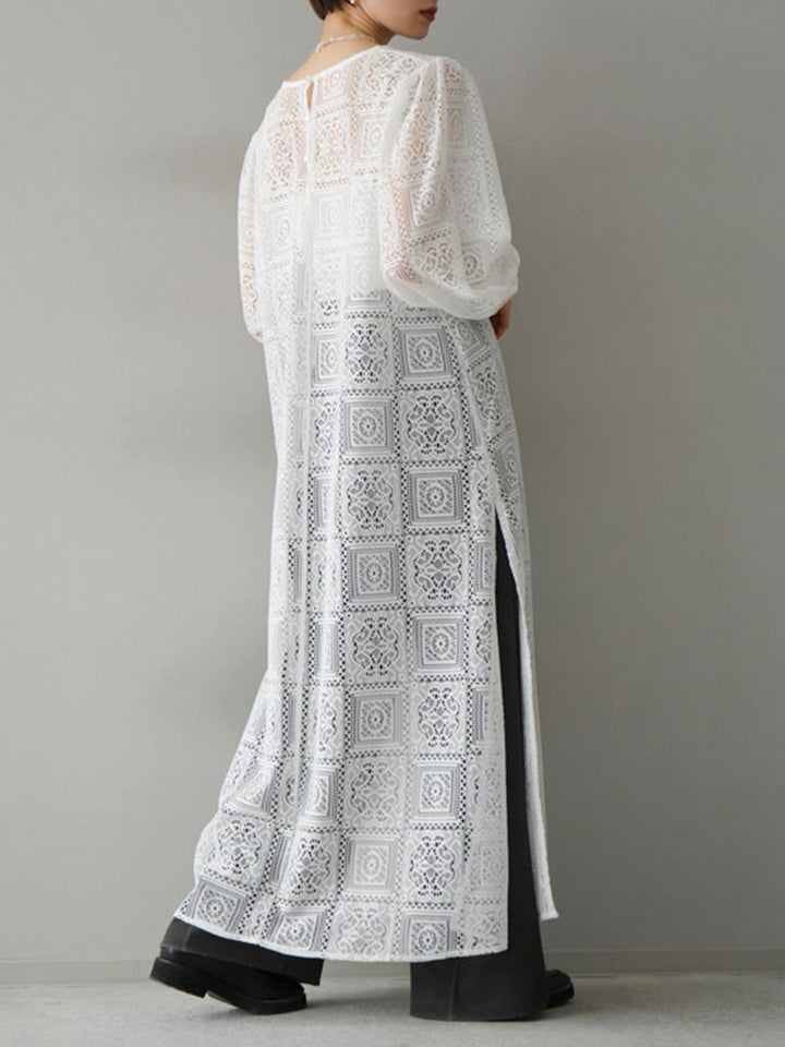 [SET] Block lace volume sleeve dress + design tuck wide pants (2set)
