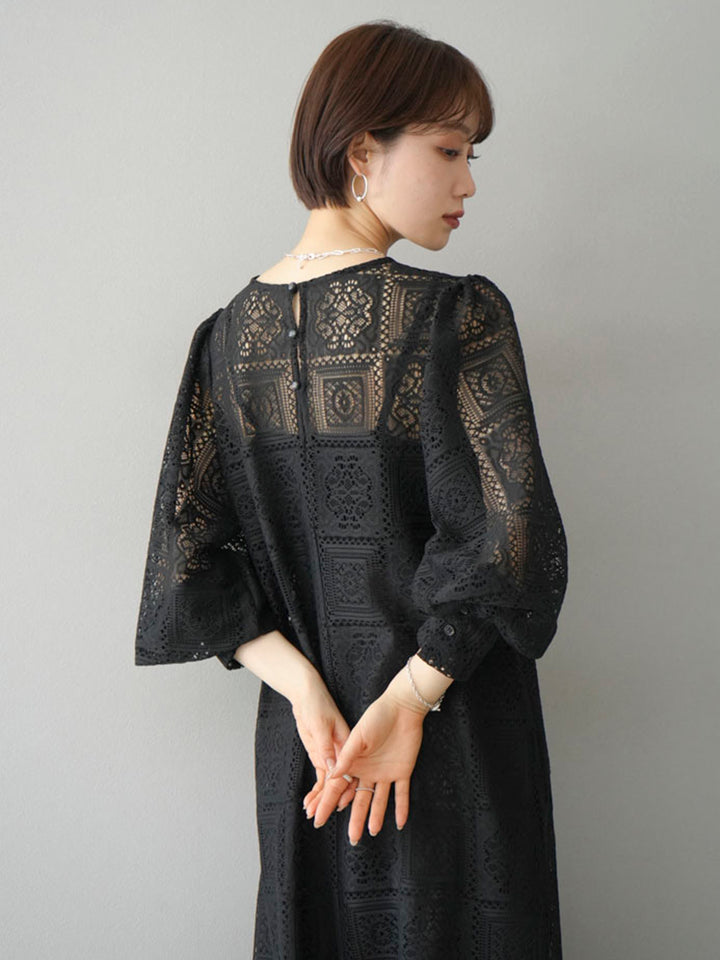 [SET] Block lace volume sleeve dress + design tuck wide pants (2set)
