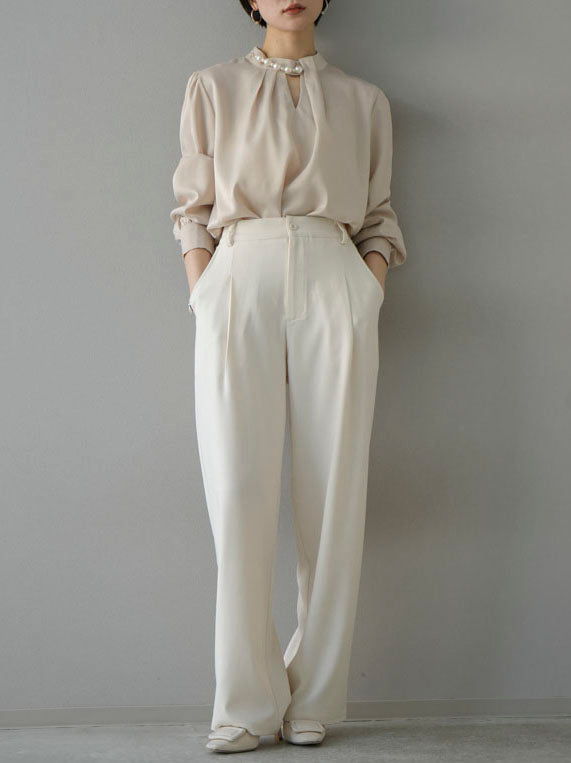 [SET] 2WAY pearl asymmetrical blouse + one-tuck wide pants (2set)