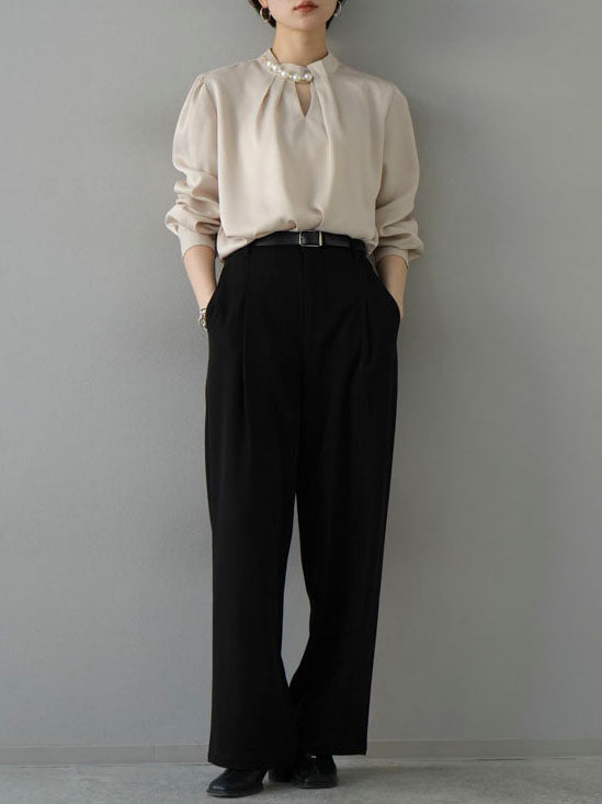 [SET] 2WAY pearl asymmetrical blouse + one-tuck wide pants (2set)