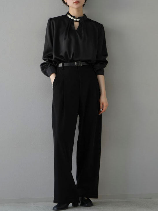 [SET] 2WAY pearl asymmetrical blouse + one-tuck wide pants (2set)