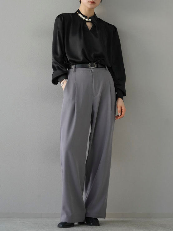 [SET] 2WAY pearl asymmetrical blouse + one-tuck wide pants (2set)