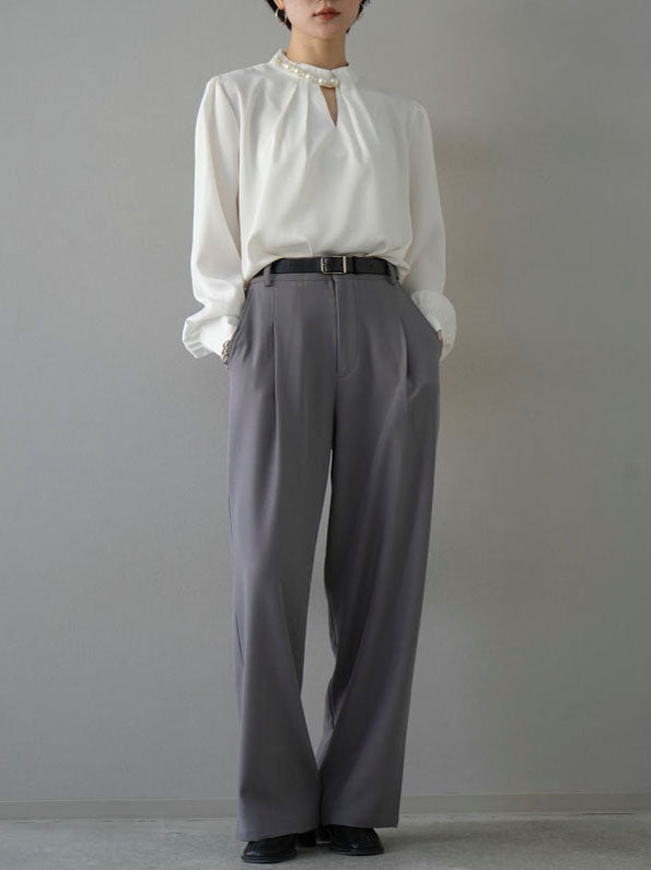 [SET] 2WAY pearl asymmetrical blouse + one-tuck wide pants (2set)