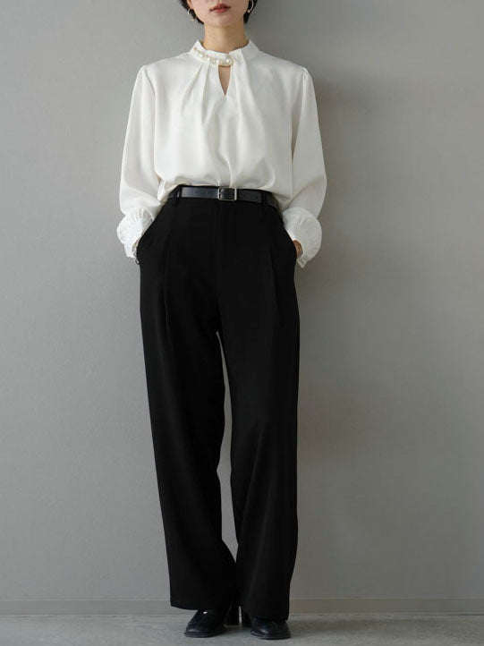 [SET] 2WAY pearl asymmetrical blouse + one-tuck wide pants (2set)