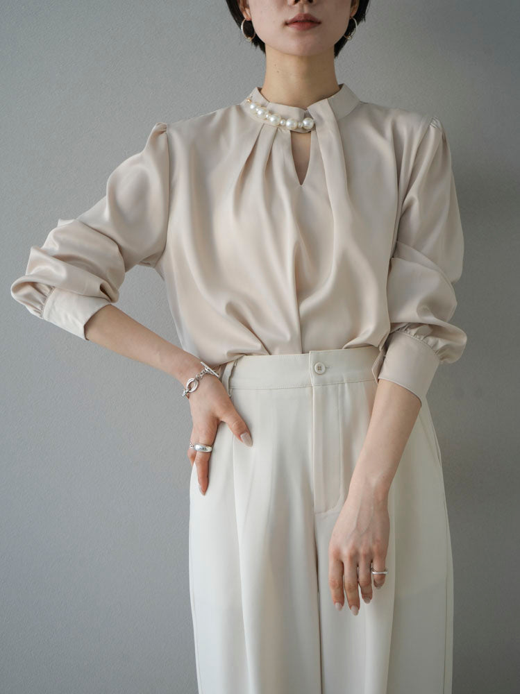 [SET] 2WAY pearl asymmetrical blouse + one-tuck wide pants (2set)