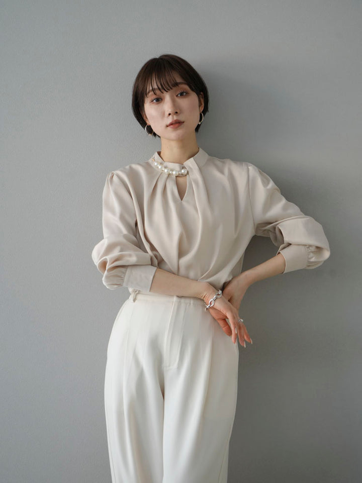 [SET] 2WAY pearl asymmetrical blouse + one-tuck wide pants (2set)