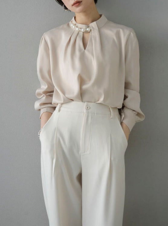 [SET] 2WAY pearl asymmetrical blouse + one-tuck wide pants (2set)