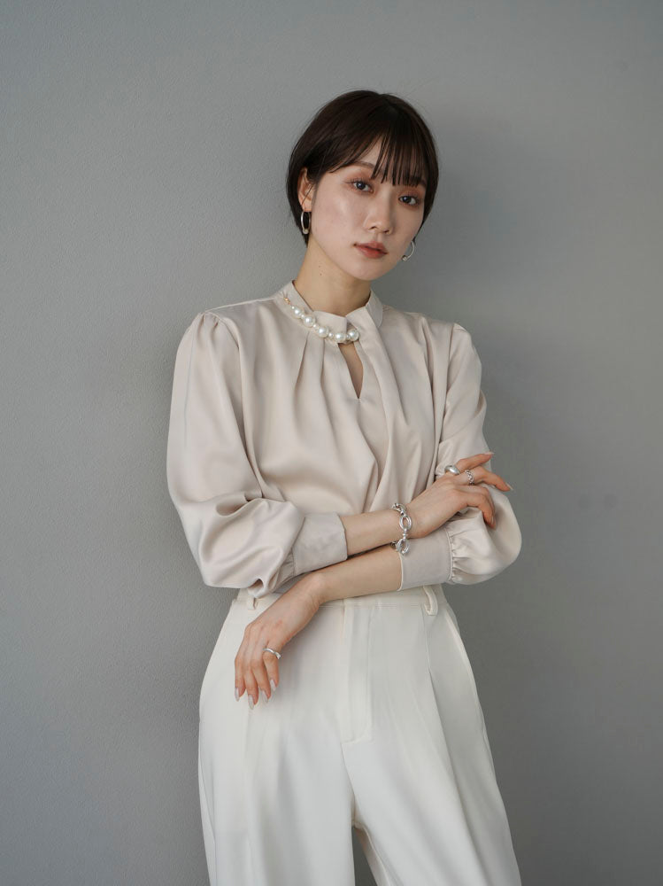 [SET] 2WAY pearl asymmetrical blouse + one-tuck wide pants (2set)