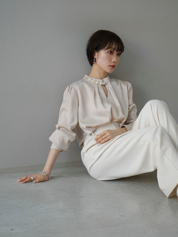 [SET] 2WAY pearl asymmetrical blouse + one-tuck wide pants (2set)