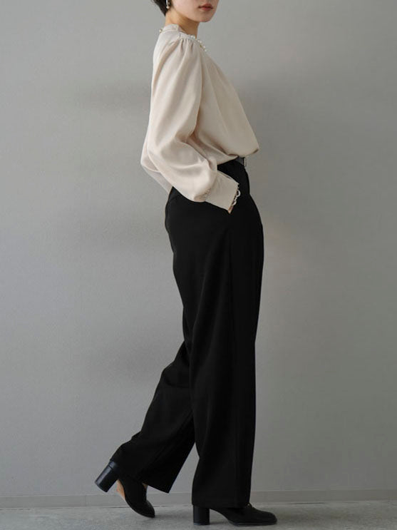 [SET] 2WAY pearl asymmetrical blouse + one-tuck wide pants (2set)