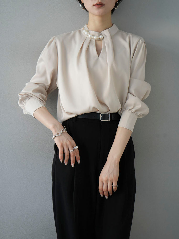 [SET] 2WAY pearl asymmetrical blouse + one-tuck wide pants (2set)