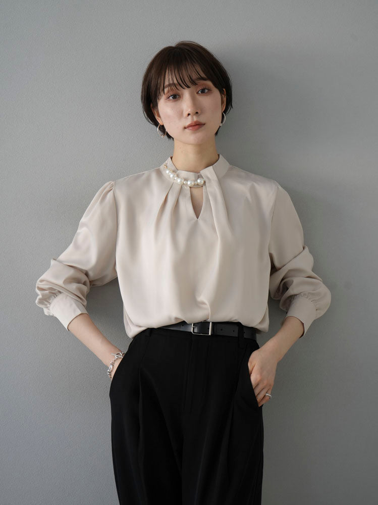 [SET] 2WAY pearl asymmetrical blouse + one-tuck wide pants (2set)