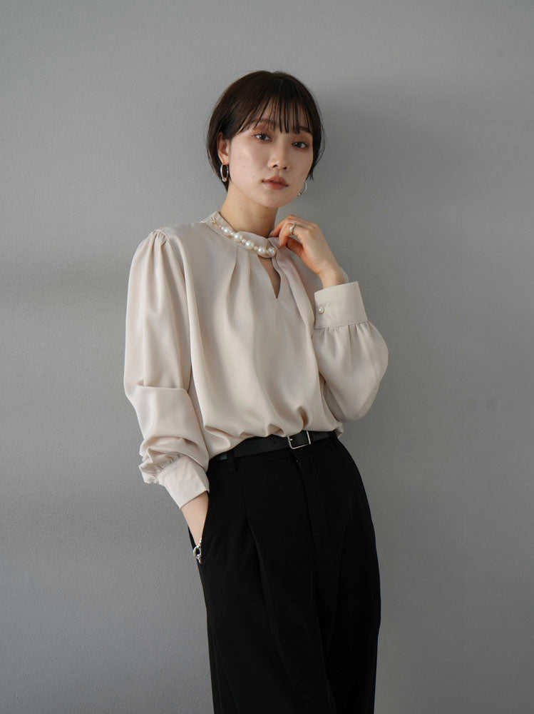 [SET] 2WAY pearl asymmetrical blouse + one-tuck wide pants (2set)