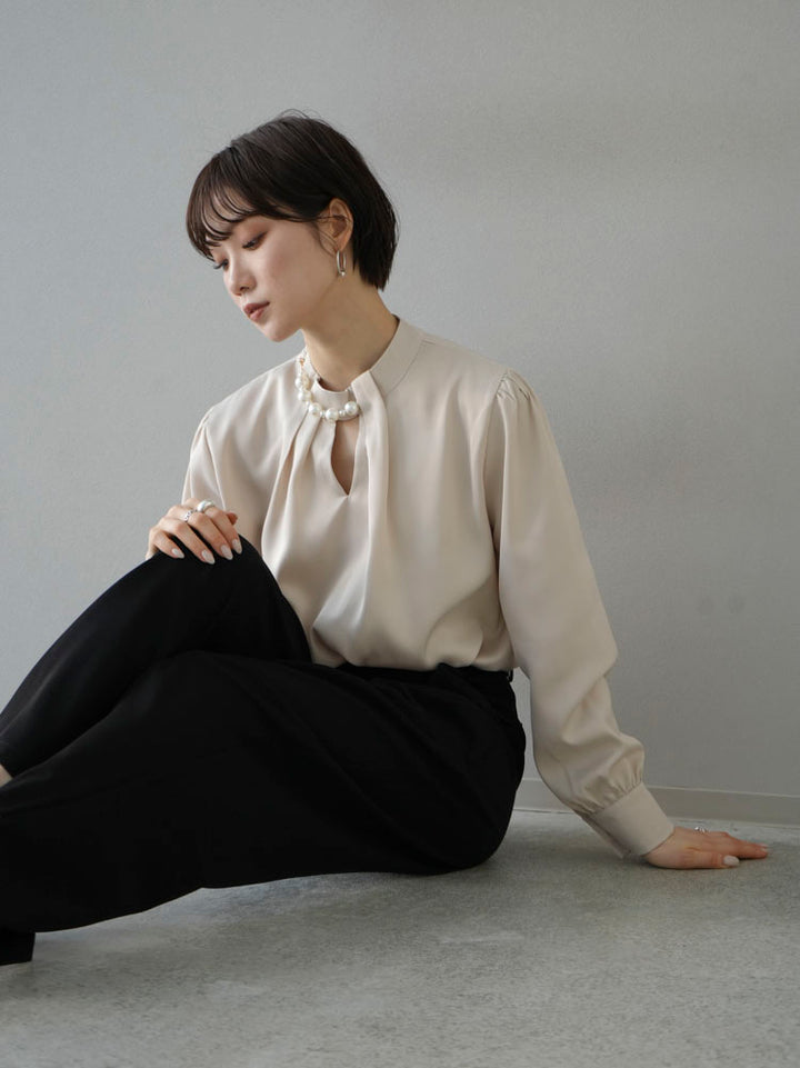 [SET] 2WAY pearl asymmetrical blouse + one-tuck wide pants (2set)