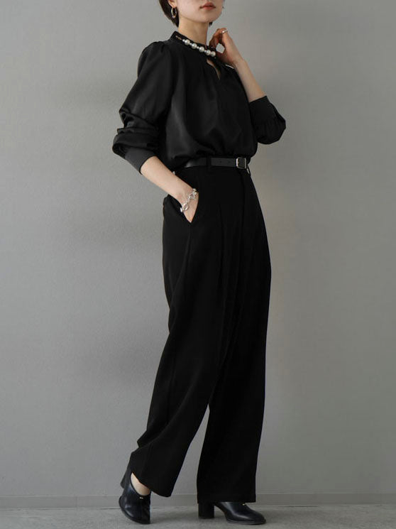 [SET] 2WAY pearl asymmetrical blouse + one-tuck wide pants (2set)